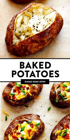 baked potatoes with cheese and seasoning on top are shown in three different pictures, one is