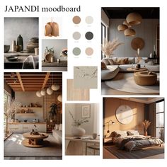 an image of japanese mood board with neutrals and browns in the bedroom, dining room, living room