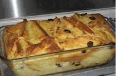 baked bread with raisins in a glass dish