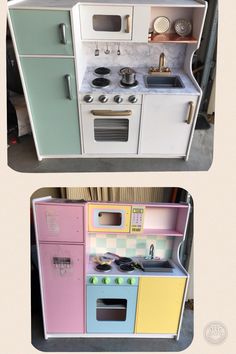 two pictures of an old fashioned toy kitchen