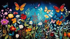 a painting of colorful flowers and butterflies on a black background with blue sky in the background