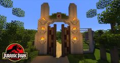 an entrance to a minecraft park with trees and bushes around it, in the evening