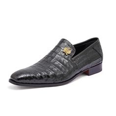 Mauri 4912 Monarch Men's Shoes Black Exotic Alligator Slip-On Loafers (MA5319)-AmbrogioShoes Crocodile Leather Shoes, Alligator Dress Shoes, Black Alligator, Crocodile Shoes, Golden Logo, Mens Shoes Black, Italian Shoes, Leather Slippers, Crocodile Leather