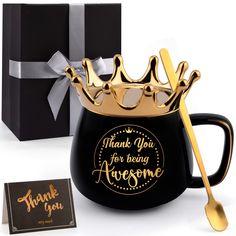 PRICES MAY VARY. 🎁[Exquisite Style Design] Even coloring and clear painting, black and gold colors represent for noble and elegance. Non-fading gold text "thank you for being awesome", conveys the appreciation and praise to receipiant. Gold heavy crown lid, reminds that you're the queen of your own life. With thank you card, spoon and gifts box, this is the coolest gifts for women. 🎁[Premium & Safe Material] This inspirational thank you gifts is made from premium ceramic, no harm to human body Heavy Crown, Boss Lady Gifts, Graduation Gifts For Friends, Queen Gifts, Gifts Box, Unique Valentines Day Gifts, Christmas Gifts For Sister, Employee Appreciation Gifts, Christmas Gifts For Coworkers