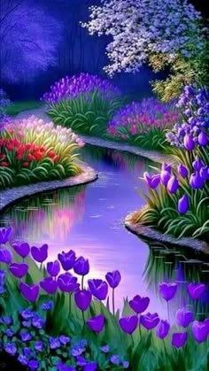 a painting of purple flowers and trees by the water