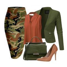 a woman wearing a green jacket, orange top and camouflage print skirt with matching heels