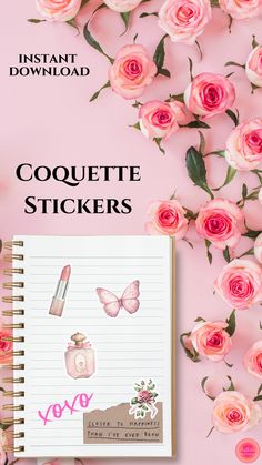 an open notebook with pink roses on it and the words coquette stickers next to it