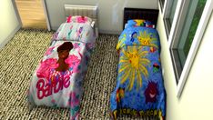 two children's beds in the same room, each with their own bedding