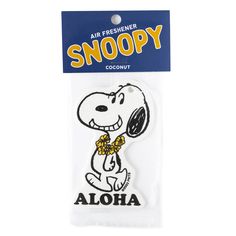 snoopy air freshener sticker with the word snoopy on it's back