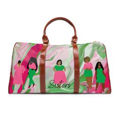 "Pink and Green Waterproof Sisterhood Travel Bag, AKA Travel Bag, Sorority Gift, Unique Greek Gift, Weekender Tote Ba, 1908 Duffle Bag This personalized travel bag is all about style. Made with high-grade waterproof fabric, it's a highly durable means of transferring your essentials wherever you go. With multiple compartments, a resilient carrying handle, and an adjustable shoulder strap, it's the perfect companion for all your Pretty Girl adventures. This makes a great and unique gift for the A Aka Sorority Gifts, Personalized Travel Bag, Aka Sorority, Greek Gifts, Waterproof Tote, Waterproof Travel Bag, Green Accessories, Your Pretty, Alpha Kappa Alpha