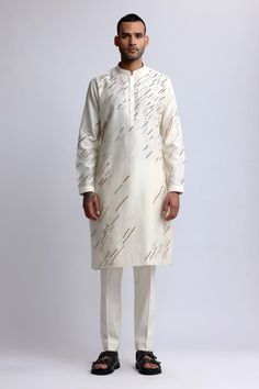 Ivory chanderi kurta with multi-color rain pattern hand embroidery. Comes with straight fit pant. - Aza Fashions Rain Pattern, Kurta Set For Men, Straight Fit Pants, Kurta Set, Pants Pattern, Aza Fashion, Hand Embroidered, Hand Embroidery, Camo