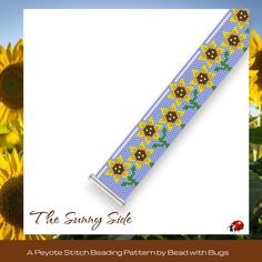 a bracelet with sunflowers and daisies is shown in front of a field of sunflowers