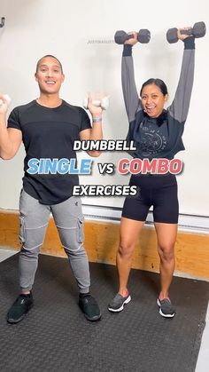 two people doing exercises with dumbbells in front of a whiteboard that says single vs combo exercises