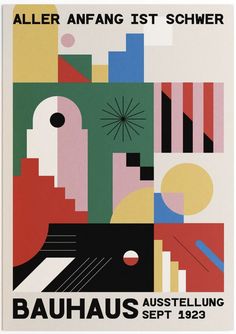 an advertisement for bauhus, featuring abstract shapes and geometrics in black, white, red, green, blue, yellow