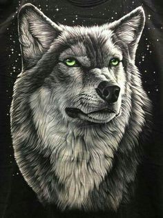 a drawing of a wolf with blue eyes