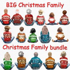 a group of people sitting next to each other in front of a christmas tree with the words big christmas family on it