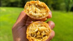 two pieces of food in the palm of someone's hand, with grass in the background