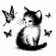 a black and white drawing of a cat surrounded by butterflies