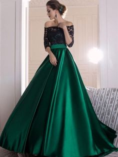 Black Lace Dark Green Satin Prom Party Dresses Off Shoulder 3/4 Long Sleeve A Line Floor Length Long Evening Gowns Formal Occasion on Storenvy Green Prom Dress Long, Lace Prom Dresses, Graduation Party Dresses, A Line Evening Dress, Dress With Pleats, Chique Outfits, Lace Prom Dress, A Line Prom Dresses, فستان سهرة