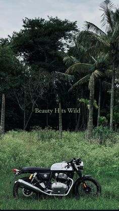 a motorcycle is parked in the grass near some palm trees and a sign that says beauty it's wild