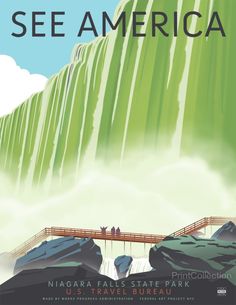 an advertisement for niagara falls national park featuring people walking across a bridge over a waterfall