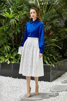 Blue Collared Blouse For Work, Elegant Blue Blouse With Pleated Sleeves, Skirt And Satin Shirt, Classic Blue Collared Blouse, Classic Blue Blouse With Collared Neckline, Semi-formal Collared Blouse With Cuffed Sleeves, Spring Formal Shirt With Collared Neckline, Formal Collared Shirt For Spring, Formal Fall Blouse With Collared Neckline