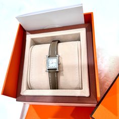 Brand New Hermes Watch, Come With Warranty Card And Everything In The Picture. Classic Silver Watch Accessories With Original Box, Timeless Silver Watch Accessories With Original Box, Luxury Silver Watch Accessories With Original Box, Designer Watches With Leather Strap As Gift, Designer Watches With Palladium Hardware Gift, Timeless Watch With Original Box As Gift, Designer White Gold Watches As Gift, Designer White Gold Watch Accessories For Gift, Hermes Watch Women