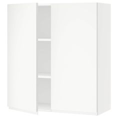 a white cabinet with two doors and shelves