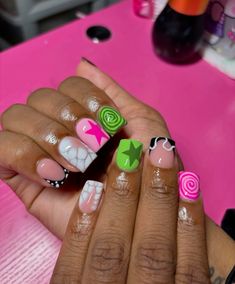 Creative Nail Designs Short, Kiddie Nail Design, Multi Color Short Nails, Rod Wave Concert Nails, Birthday Themed Nails, Regular Nail Polish Ideas, Painted Nail Designs, Shorties Nail Designs, Teacher Nails Designs