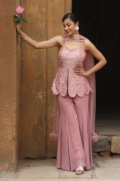 Buy Nitisha Kashyap Official Pink Raw Silk Floral Jaal Embroidered Peplum Kurta Sharara Set Online | Aza Fashions Partywear Kurti Designs, Sarara With Kurti, Choker Dupatta, Jaal Embroidery, Onion Pink, Kurta Sharara Set, Trendy Outfits Indian, Embroidered Jumpsuit, Kurta Sharara