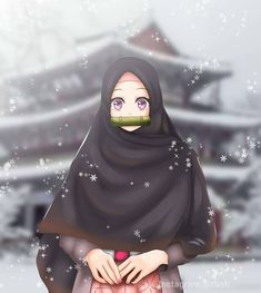 a woman wearing a black hijab with snow flakes on her face and scarf around her neck