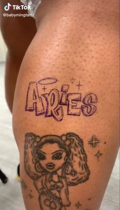 Small Bratz Tattoo, Girly Filler Tattoos, Bratz Tattoo Idea, Big Three Tattoo, Medium Tattoos For Black Women, Cartoon Tattoos Women, Baddie Leg Tattoos, Mini Tattoo Placement, Tattoo Ideas Dark Skin