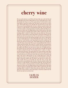 the back cover of cherry wine, which is printed in red and white on a beige background