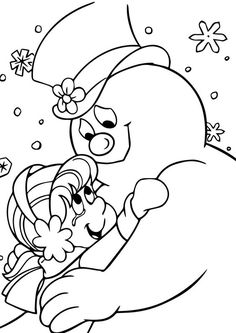 an adult and child hugging each other in the snowman's hat coloring page