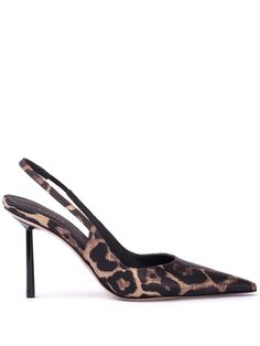 brown/beige/black nappa leather satin finish all-over leopard print pointed toe slingback strap branded insole high stiletto heel Wide Calf Cowgirl Boots, Mary Jane Shoes Black, White Block Heels, Leopard Print Pumps, Satin Style, Leopard Print Heels, Leopard Heels, Elegant Heels, Mid Heel Sandals