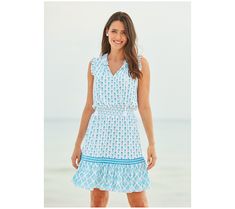 Look chic as you stroll down the boardwalk in this sleeveless dress styled with playful ruffles and smocking. From Cabana Life. Casual Ruffle Sleeveless Dress For Vacation, Beach Smocked Dress With Ruffle Hem, Summer Smocked Dress With Ruffles For Vacation, Summer Sleeveless Dress With Smocked Back For Vacation, Sleeveless Summer Dress With Smocked Bodice, Summer Smocked Dress With Ruffle Hem For Vacation, Sleeveless Smocked Sundress For Vacation, Summer Sleeveless Dress With Ruffle Hem For Vacation, Casual Sleeveless Smocked Dress For Vacation