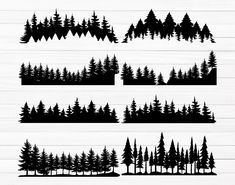 the silhouettes of pine trees are shown in black and white, with different sizes