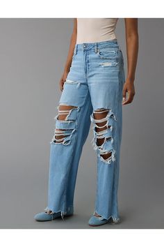 Dreamy, drapey stretch fabric/Soft & lightweight denim/Light wash/Ripped Wide Leg Jeans, Soft Fabrics, Stretch Fabric, Women's Jeans, American Eagle Outfitters, American Eagle, Wide Leg, Women Jeans, High Waisted