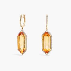 Hexagon-cut citrine stones give these drop earrings a gorgeous art-deco-inspired style, while diamond halos lend them luxurious sparkle. The 14k yellow gold design gives them a warm lustre to match the rich tones of the citrine. Precious Gemstones Jewelry, Citrine Stone, Diamond Drop Earrings, Diamond Drops, Gorgeous Art, Art Deco Inspired, Gold Design, Halo Diamond, Citrine