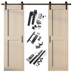 an open sliding door with hardware and tools on the bottom, next to it is a white background