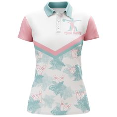 a women's polo shirt with an image of a bear and palm trees on it