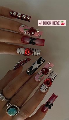 Street Nails Designs, Street Style Nails Aesthetic, Red Maximalist Nails, Different Color Nails On Each Finger, Lottery Nails, Red Design Nails Acrylic, September Acrylic Nails, Virgo Inspired Nails, Old School Nails