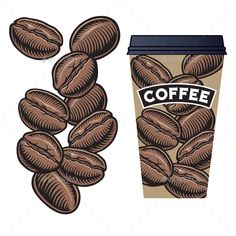 coffee beans in a cup with the word coffee on it, and an illustration of roasted coffee beans