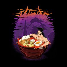 an animated image of a man in a bathtub filled with eggs and meats