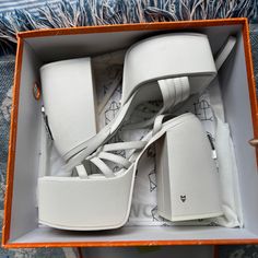 Naked Wolfe Jada Platform Heels In White Leather With Silver Wolf Hardware On The Back. Only Worn Once And Are In Very Good Condition! Open To Offers. Naked Wolfe Shoes, Naked Wolfe, Silver Wolf, Platform Heels, White Silver, White Leather, Shoes Women Heels, Shoes Heels, Size 6