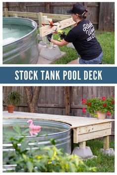 a woman in black shirt painting a wooden deck next to a metal tub with flowers