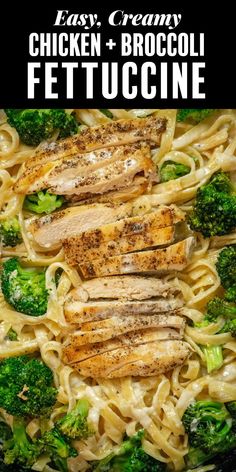 chicken and broccoli fettuccine with text overlay