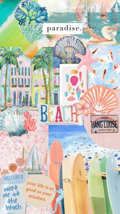 a collage of beach scenes with words and pictures on the side, including surfboards