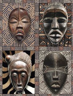 four african masks are shown in different styles and sizes, all with faces painted on them