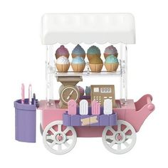 a pink and purple cart with cupcakes on it